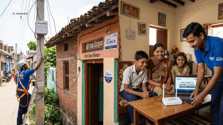 Connecting 20 lakh homes to high-speed broadband 1 A field worker installs a Ganga Fiber box outside an Indian home while a family inside sets up a project internet router.