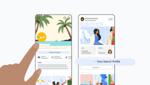 Hand touching a smartphone showing a Google Search profile with custom banners, social links, and a follow button.