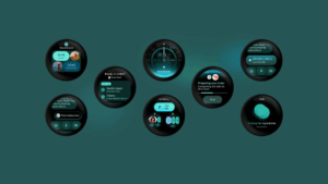 Circular smartwatch UI mockups displaying the Ask Gemini screen and active app widgets on a teal background.