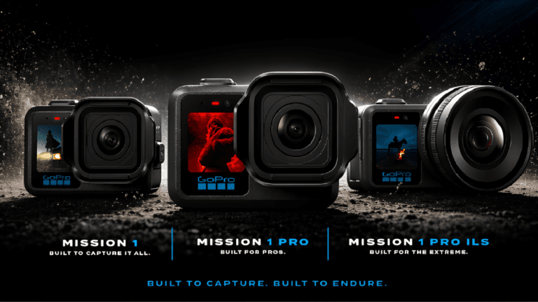 The pocket cinema camera that makes mirrorless setups heavy 14 Three GoPro Mission 1 cameras on a dark surface, the rightmost displaying an interchangeable cinema lens for India.