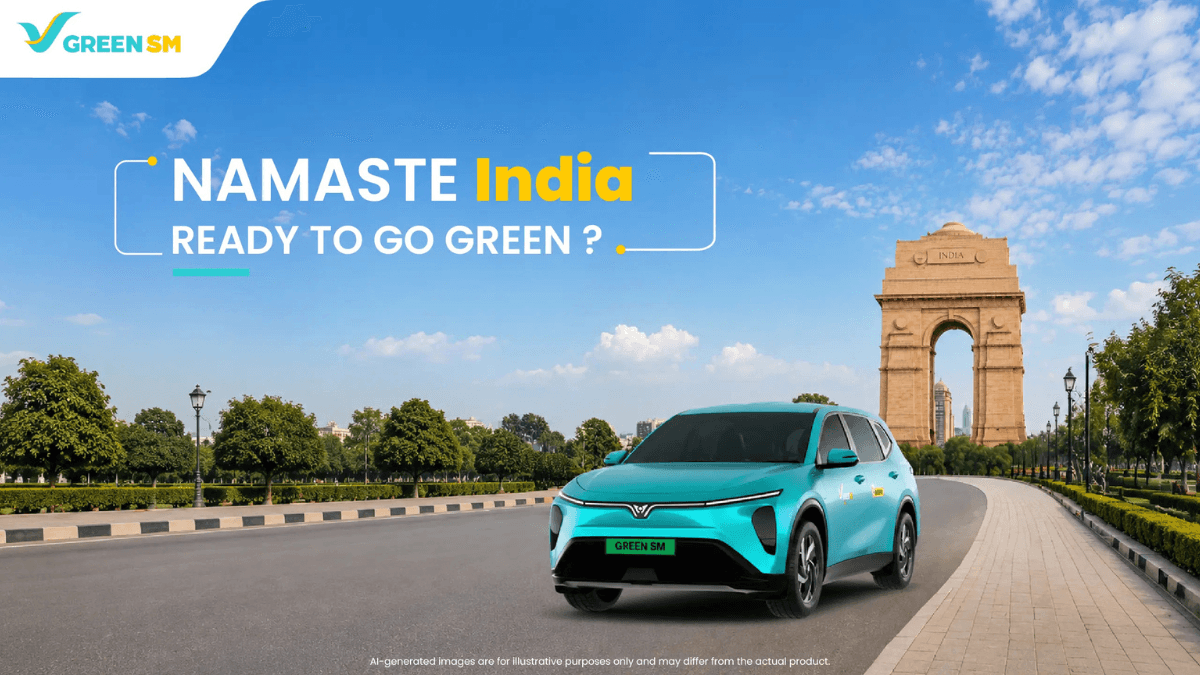 At a 50 percent discount, this EV cab fixes daily commutes 1 Cyan-green VinFast electric car on an empty road in front of India Gate under a blue sky in Delhi.