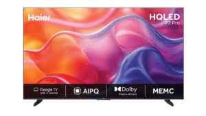Haier P7 Pro TV showing a colourful screen with Google TV and Dolby logos on a white background for the India launch.