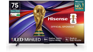 Hisense 75-inch E8S Mini LED TV displaying a FIFA World Cup trophy on a stand for its 2026 India arrival.