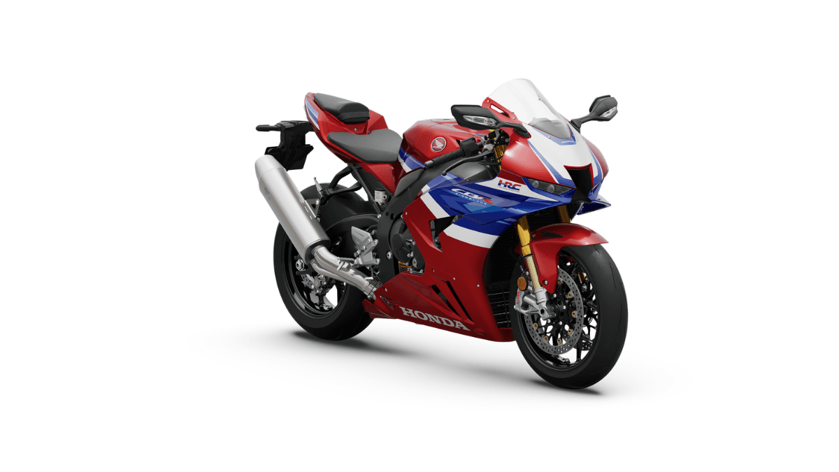 Front three-quarter view of the red Honda Fireblade SP superbike with blue and white HRC graphics.