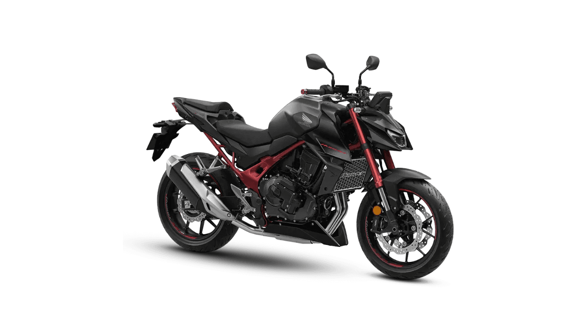At ₹10.49 lakh, Honda brings its stall-proof tech to India 3 Studio shot of a black Honda Hornet 750 motorcycle with red accents and Showa front forks isolated on white.