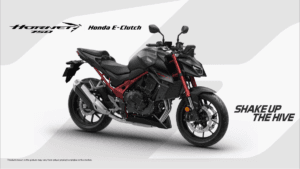 Matte black Honda Hornet 750 motorcycle with red frame and forks against a banner background showcasing E-Clutch tech.