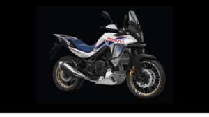 Honda XL750 Transalp motorcycle in tricolour livery with gold spoked wheels on a black background, coming to India.