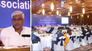 Gajendra Singh Shekhawat speaking next to a conference hall filled with hospitality delegates discussing tourism reforms.