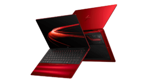 Two red HP Ferrari laptops on a white background showing a backlit keyboard and glass bottom panel. Global edition.