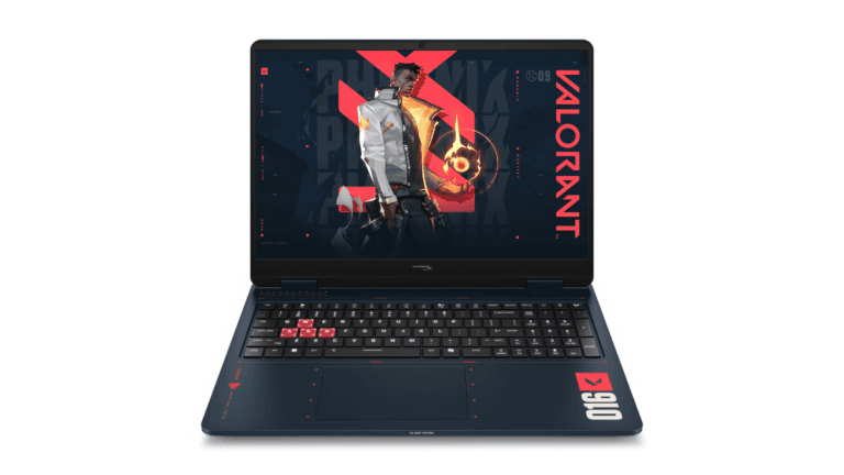 Open HyperX OMEN 16 VALORANT gaming laptop showing a custom keyboard and game-themed screen display for esports enthusiasts.