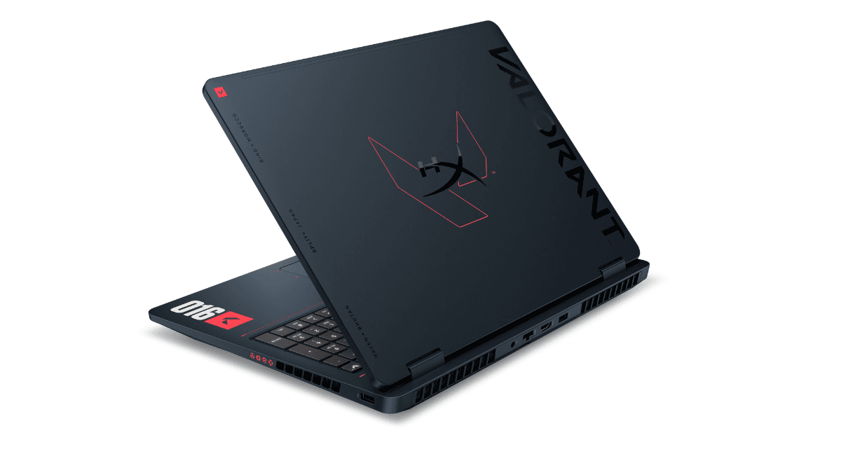 The lid and chassis of the HyperX OMEN 16 VALORANT laptop showing custom game branding and map-inspired engravings.