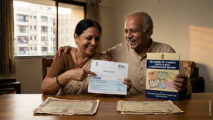 Indian couple sitting at a wooden table holding an IEPFA claim approval document, a cheque, and a printed guide book.