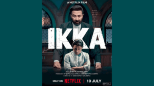 Sunny Deol in advocate robes standing behind a seated Akshaye Khanna in a courtroom for the Netflix India movie Ikka.