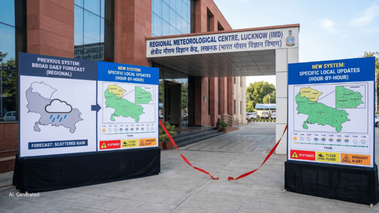 India plans 100 weather radars over the next two years 1 Lucknow IMD building entrance with a red launch ribbon and display boards showing new hour-by-hour local weather maps.