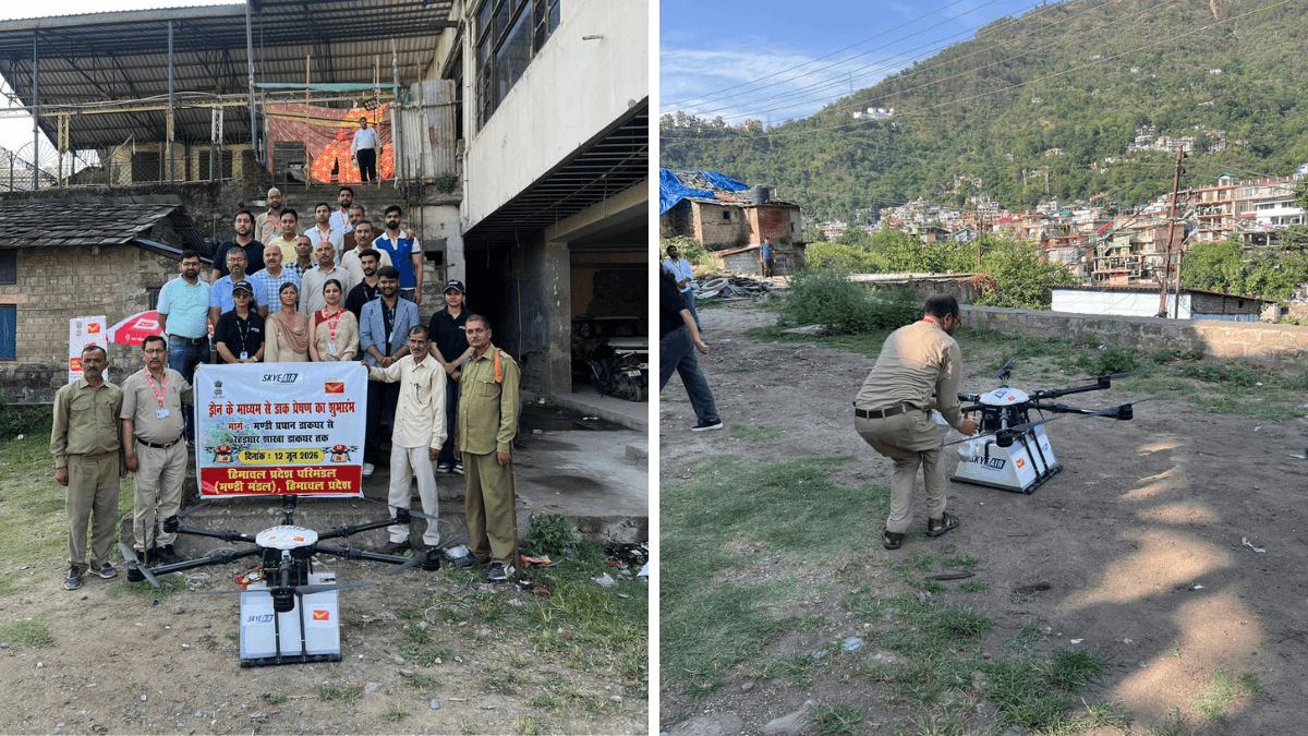 Your remote mountain deliveries just got drastically faster 2 A split view showing postal officials posing with a launch banner and a worker preparing a drone in hilly India.