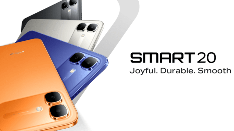Can a budget phone genuinely manage offline calls? 6 Stacked orange, blue, silver, and black Infinix Smart 20 phones with "Joyful. Durable. Smooth" text for the India launch.