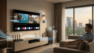 Man on a sofa facing a split-screen TV as a router sends glowing connection waves to home appliances on the Jio network.