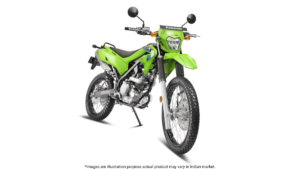 Green Kawasaki KLX 230 motorcycle with headlight and mirrors against a white background, detailing the variant.
