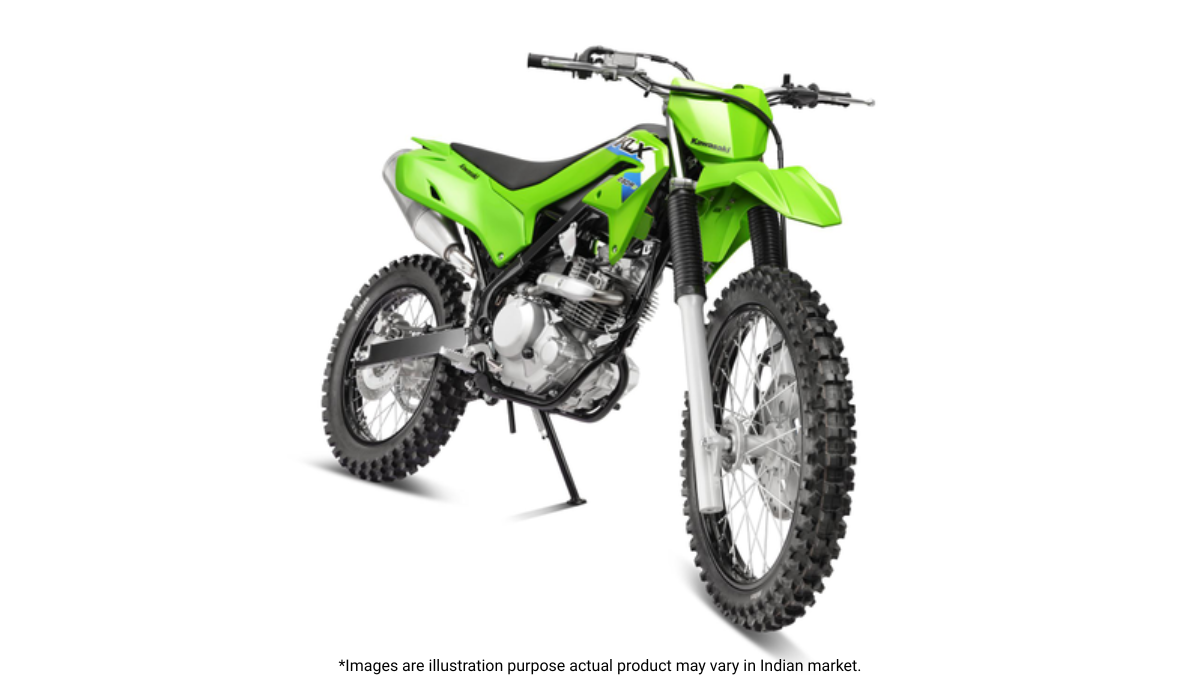 Green Kawasaki KLX 230RS dirt bike with knobby tyres and no mirrors against a white background, detailing the variant.