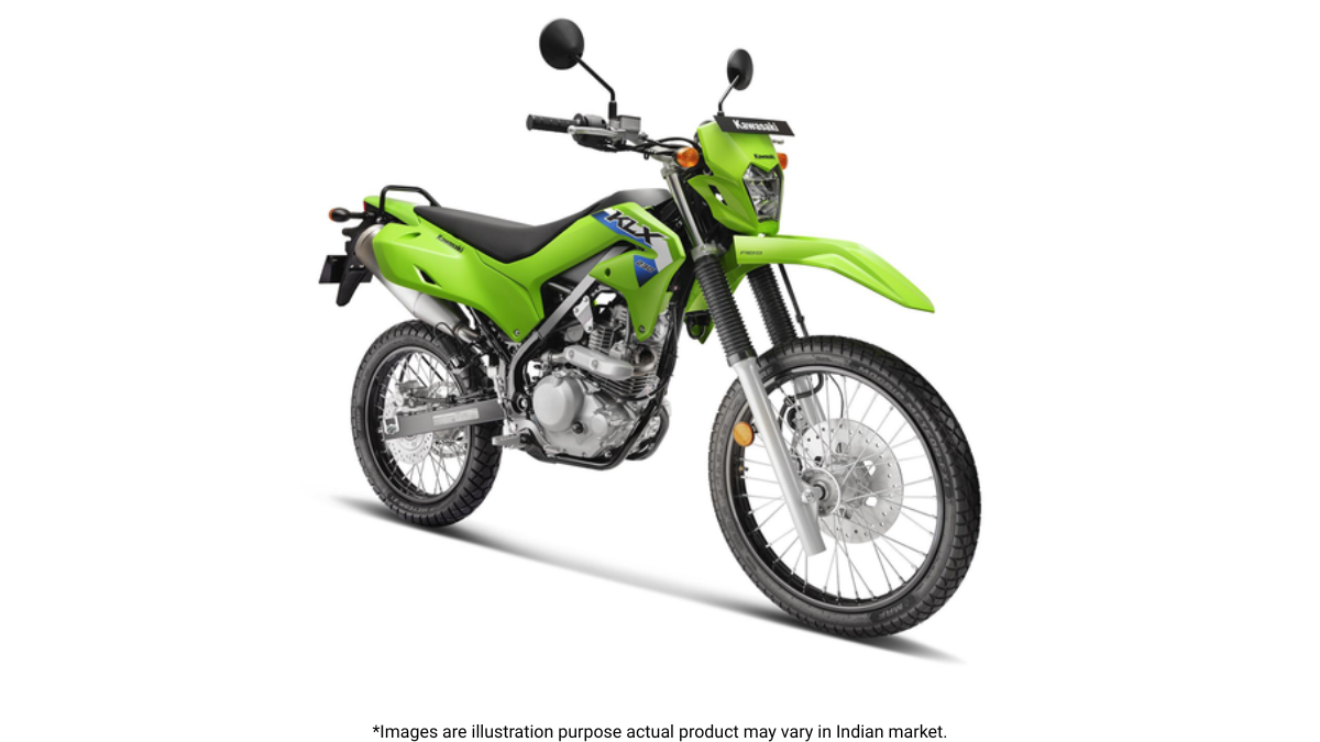 Green Kawasaki KLX 230s motorcycle with indicators and mirrors against a white background, detailing the variant.