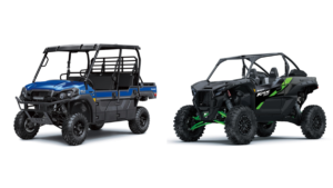 Blue utility vehicle on left and black and green sport vehicle on right against a white backdrop, Kawasaki.