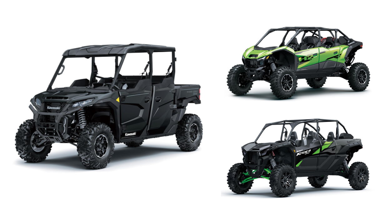 Black utility vehicle on left, green four-seater top right, and black four-seater bottom right on white, Kawasaki.