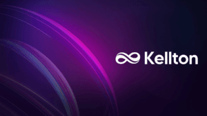 Kellton corporate logo with an infinity symbol on a dark purple abstract gradient background for an Indian tech launch.