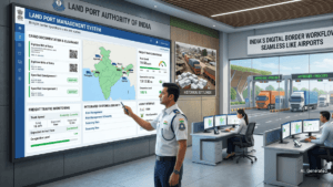 Uniformed officer interacts with the Land Port Management System digital dashboard showing a map of India and cargo data.
