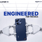 Blue Lava Bold N2 5G phone held from behind by two large white robotic arms for its official Amazon India release.