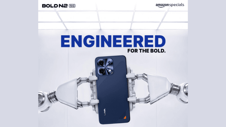 Blue Lava Bold N2 5G phone held from behind by two large white robotic arms for its official Amazon India release.