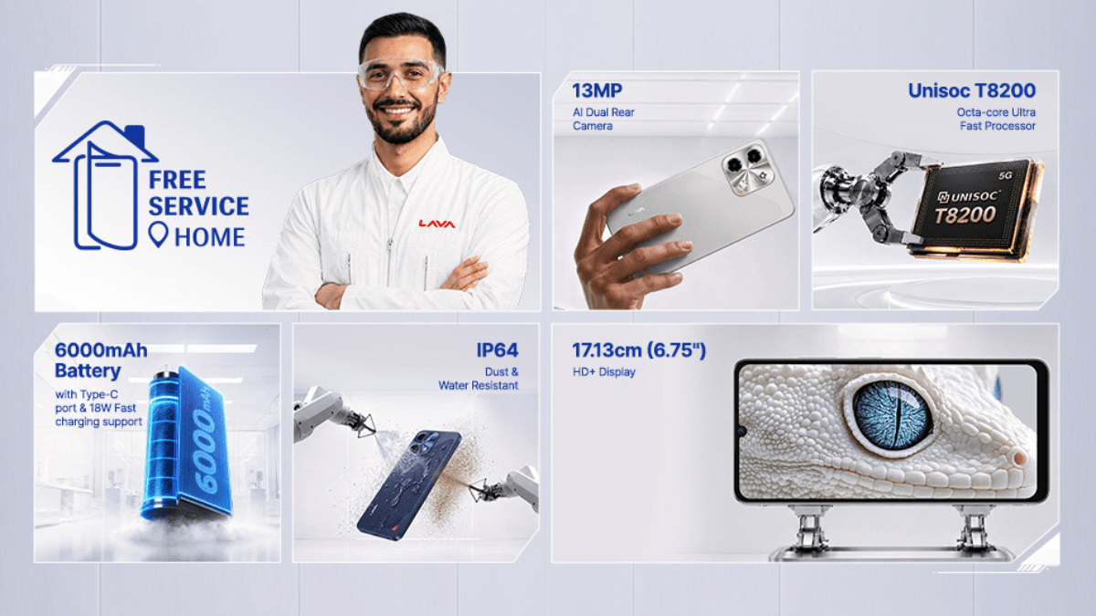 This ₹11,999 phone offers a completely clean Android 16 2 Infographic summarizing Lava Bold N2 5G launch features including 6000mAh battery, IP64, 13MP camera, and Free Service.