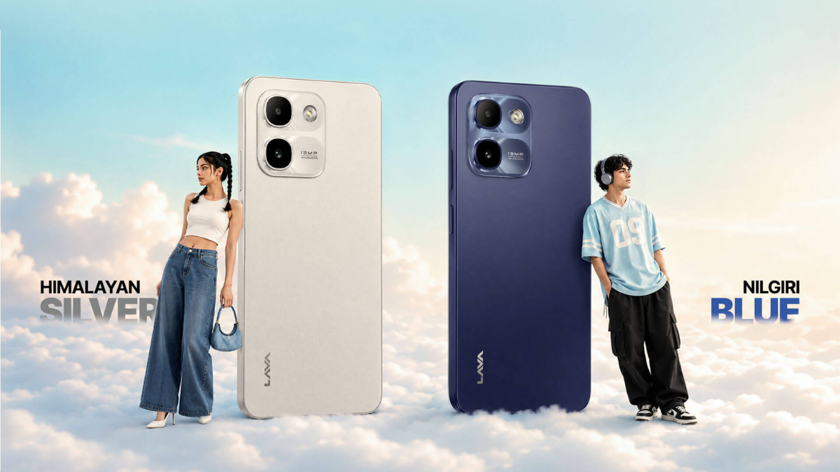 A 512GB memory card fits inside this ₹9,999 phone 2 Two smartphones standing on clouds with a woman by the silver model on the left and a man by the blue model on the right.