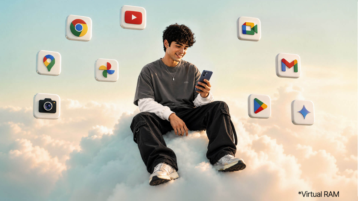 A 512GB memory card fits inside this ₹9,999 phone 1 A man sits on clouds looking at a smartphone, surrounded by floating app icons with text Virtual RAM in the foreground.