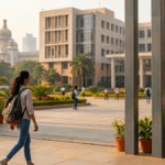 Female student walking into a sunlit modern university courtyard, visualising the new Liverpool campus in Bengaluru.
