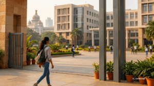 Female student walking into a sunlit modern university courtyard, visualising the new Liverpool campus in Bengaluru.
