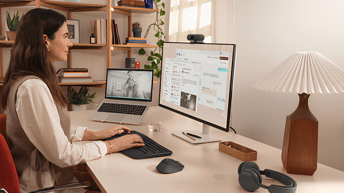 A woman at a desk typing on a curved keyboard and wireless mouse during a hybrid work session in India.