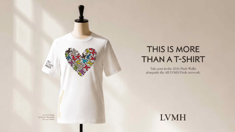 White t-shirt on a mannequin with a colourful heart graphic and All LVMH Pride text, marking the Louis Vuitton employee drop.