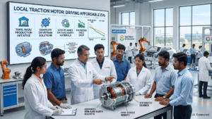 Engineers in a Tamil Nadu lab inspecting an EV traction motor next to a digital display showing production data.