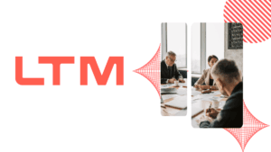 LTM logo alongside professionals in corporate meeting frames on a white background with red geometric shapes for iRun.
