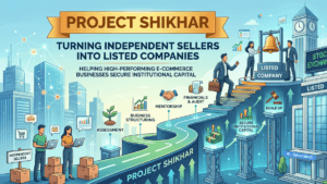 Graphic of sellers walking up a winding path towards a stock exchange bell for the Project Shikhar launch in India.