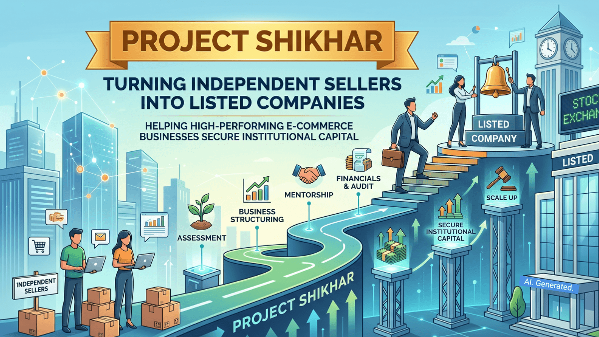 The new framework turning independent sellers into listed companies 1 Graphic of sellers walking up a winding path towards a stock exchange bell for the Project Shikhar launch in India.
