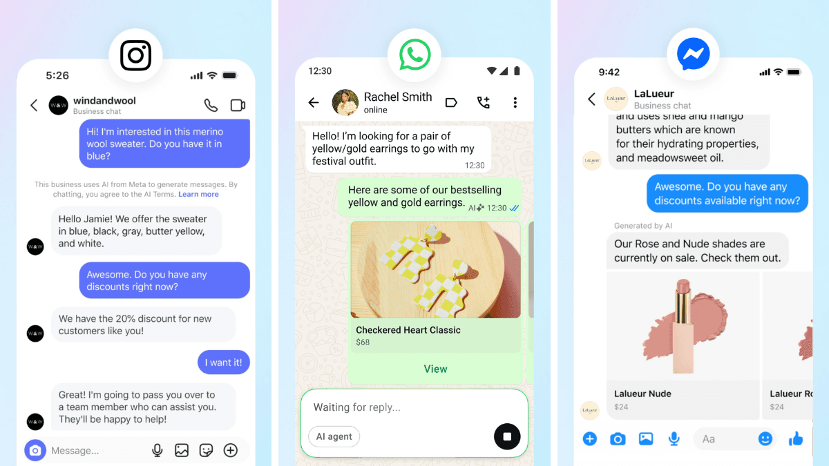 Can Meta's new AI agent actually replace a sales team? 2 Three phone screens showing automated AI replies on Instagram, WhatsApp, and Messenger chats for local Indian commerce.