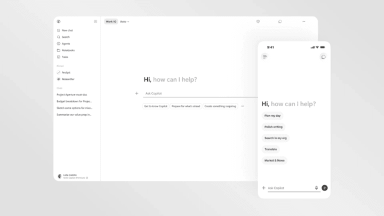 The Copilot app redesign cuts loading times by 50 percent 2 Redesigned white Microsoft Copilot UI on a desktop screen and mobile phone showing the new task-aware workspace layout.