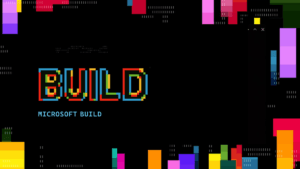 The word BUILD in pixel art font on a black background with colorful geometric borders, representing Microsoft AI tools.