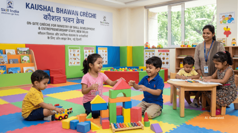 Children playing with colourful blocks alongside a caregiver in the new MSDE daycare facility at Kaushal Bhawan.