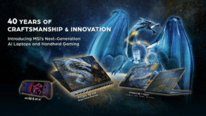 MSI laptops and Claw handheld console arranged in front of a large blue glowing dragon graphic for a tech showcase.