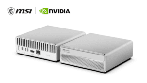 Two silver MSI mini PCs showing front and rear ports below MSI and NVIDIA logos, built for local AI workloads.