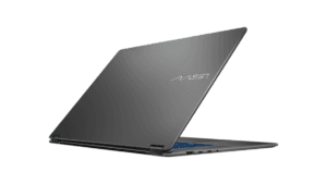 Rear view of a dark grey MSI Prestige convertible laptop with an iridescent logo and blue backlit keys, ready for launch context.