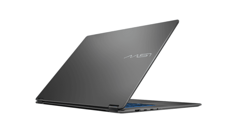 Rear view of a dark grey MSI Prestige convertible laptop with an iridescent logo and blue backlit keys, ready for launch context.