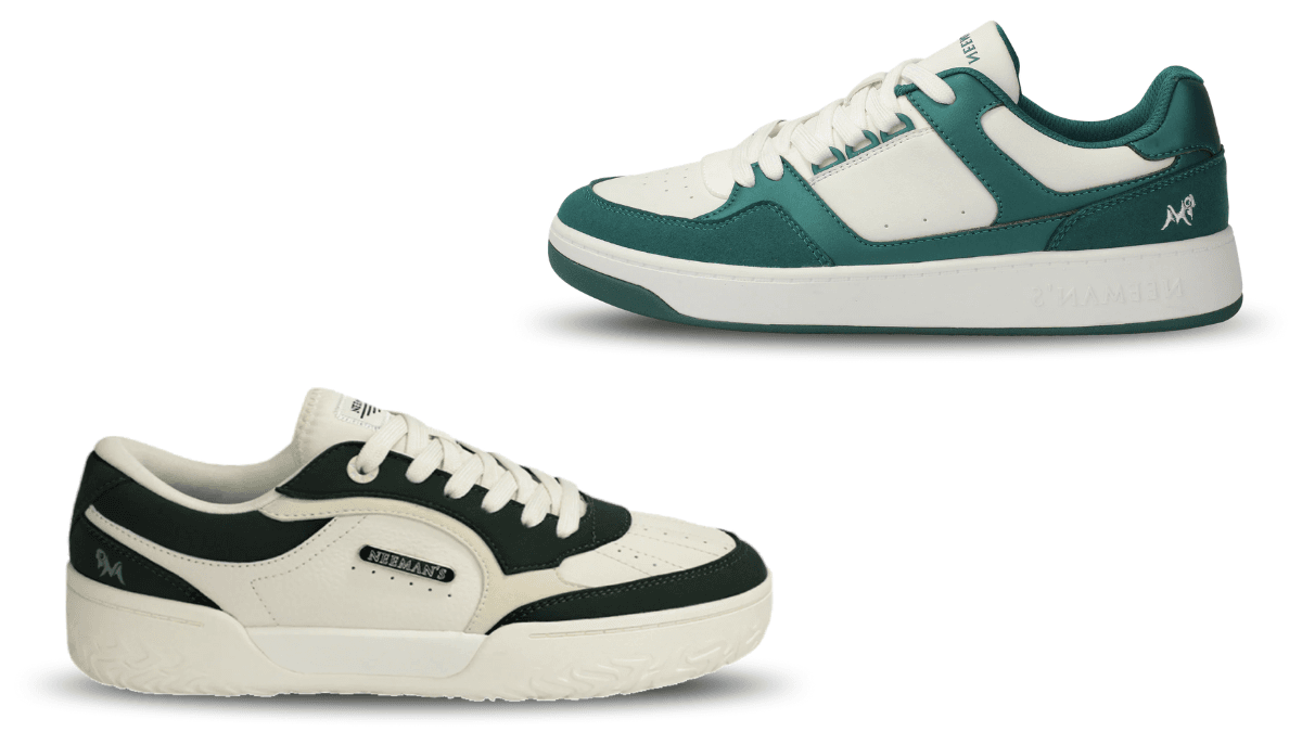 The comfort-first sneaker replacing stiff streetwear 2 Two pairs of white court sneakers with dark green panels on a white background, showcasing retro micro-suede detailing.